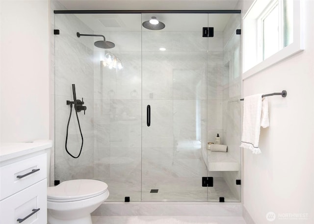 full bathroom featuring a shower stall, toilet, and vanity