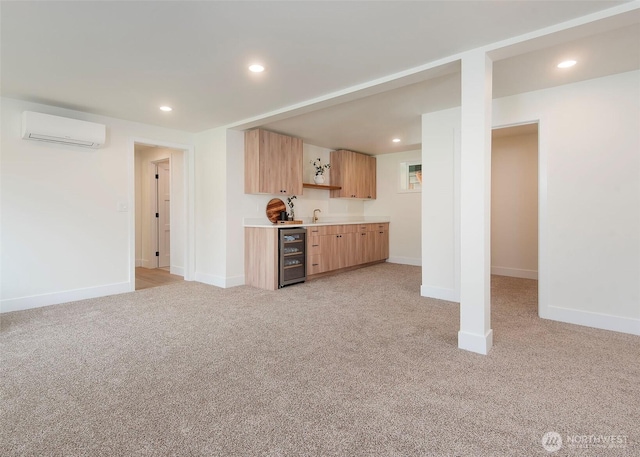bar area featuring an AC wall unit, beverage cooler, light colored carpet, recessed lighting, and baseboards