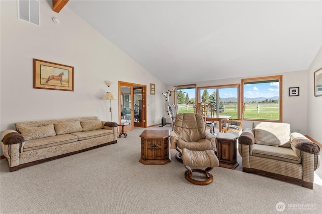 living area with carpet floors, high vaulted ceiling, and baseboards