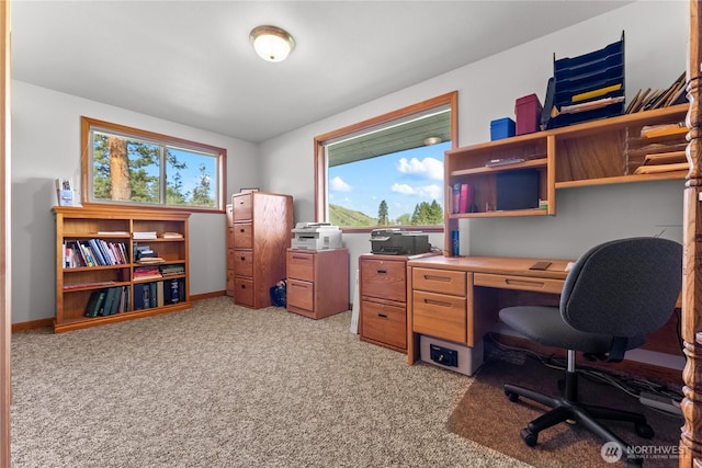 office area featuring light colored carpet, plenty of natural light, and baseboards