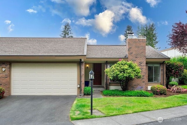 15930 NE 15th St, Bellevue, WA 98008 - single story home featuring brick siding, asphalt driveway, a garage, a front lawn, and a chimney