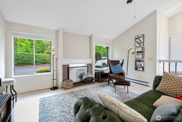 15930 NE 15th St, Bellevue, WA 98008 - living room with baseboard heating, a brick fireplace, vaulted ceiling, a ceiling fan, and a textured ceiling