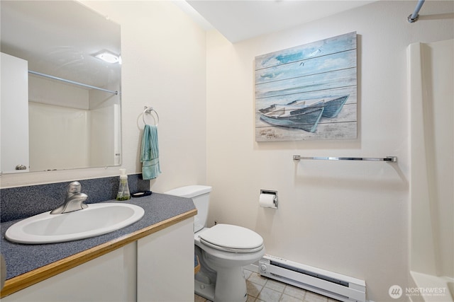 15930 NE 15th St, Bellevue, WA 98008 - full bathroom with a baseboard radiator, toilet, a shower, vanity, and tile patterned flooring