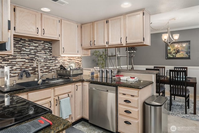 kitchen with dishwasher, a peninsula, a sink, decorative backsplash, and light brown cabinets