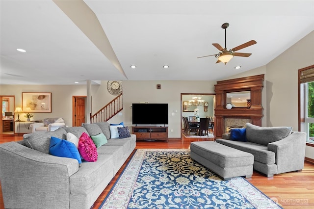 35449 34th Ave S, Auburn, WA 98001 - living area featuring stairway, light wood finished floors, a ceiling fan, vaulted ceiling, and recessed lighting
