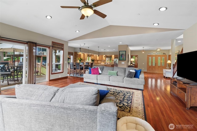 35449 34th Ave S, Auburn, WA 98001 - living area featuring wood finished floors, ceiling fan, lofted ceiling, and recessed lighting