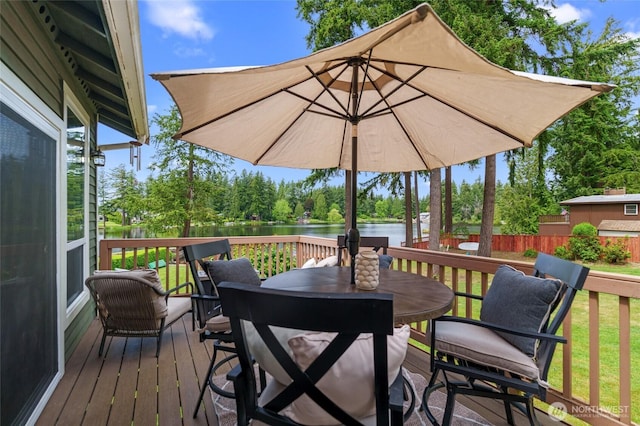 35449 34th Ave S, Auburn, WA 98001 - wooden terrace with a water view, outdoor dining area, and view of scattered trees