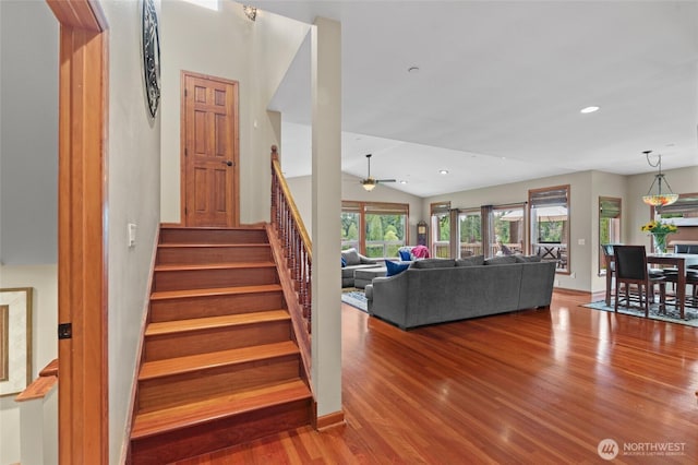 35449 34th Ave S, Auburn, WA 98001 - stairway with wood finished floors, a ceiling fan, lofted ceiling, and recessed lighting