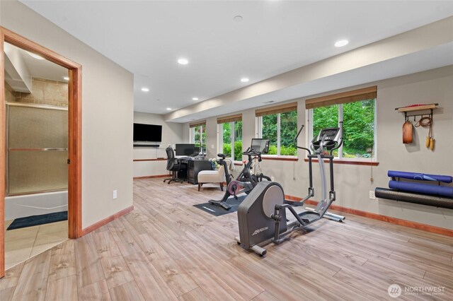 35449 34th Ave S, Auburn, WA 98001 - exercise room featuring wood finished floors, baseboards, and recessed lighting