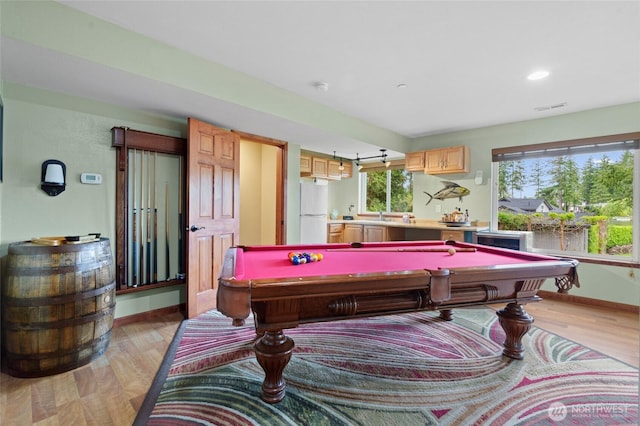 35449 34th Ave S, Auburn, WA 98001 - rec room with light wood-type flooring, billiards table, a sink, recessed lighting, and baseboards