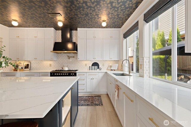 kitchen featuring a sink, wall chimney exhaust hood, decorative backsplash, and white cabinetry