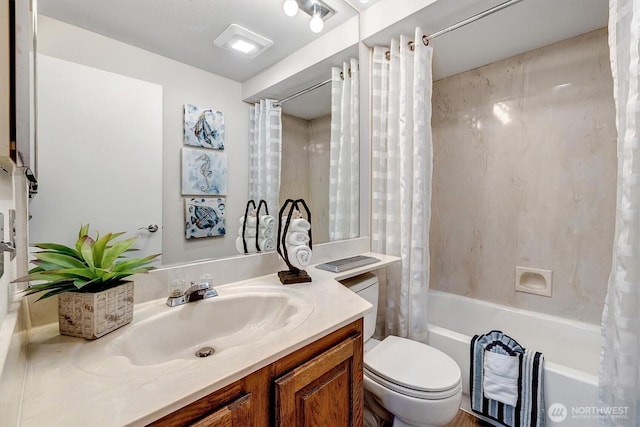 bathroom with toilet, vanity, and shower / tub combo with curtain