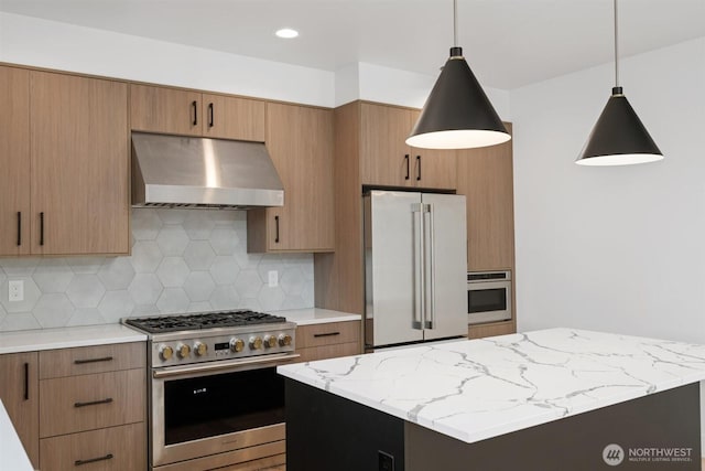1831 4th St Unit A, Kirkland, WA 98033 - kitchen with premium appliances, range hood, tasteful backsplash, decorative light fixtures, and light stone countertops