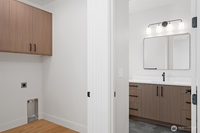 1831 4th St Unit A, Kirkland, WA 98033 - laundry area featuring hookup for an electric dryer, baseboards, cabinet space, and light wood finished floors