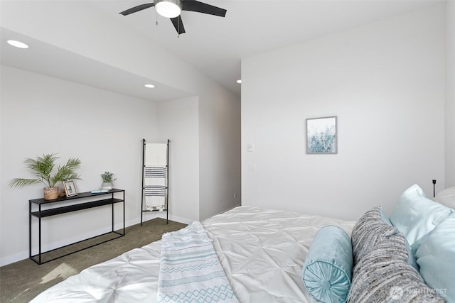 bedroom featuring carpet floors, recessed lighting, baseboards, and ceiling fan