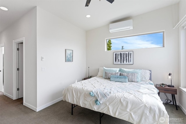 carpeted bedroom featuring a wall mounted air conditioner, baseboards, ceiling fan, and recessed lighting