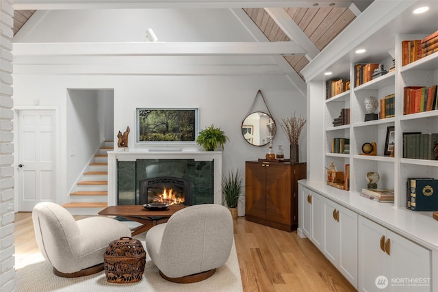 5222 W Mercer Way, Mercer Island, WA 98040 - sitting room featuring light wood-type flooring, a fireplace, wood ceiling, and recessed lighting