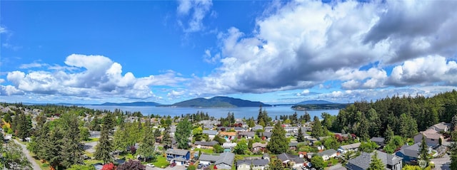 aerial view of residential area with a water and mountain view