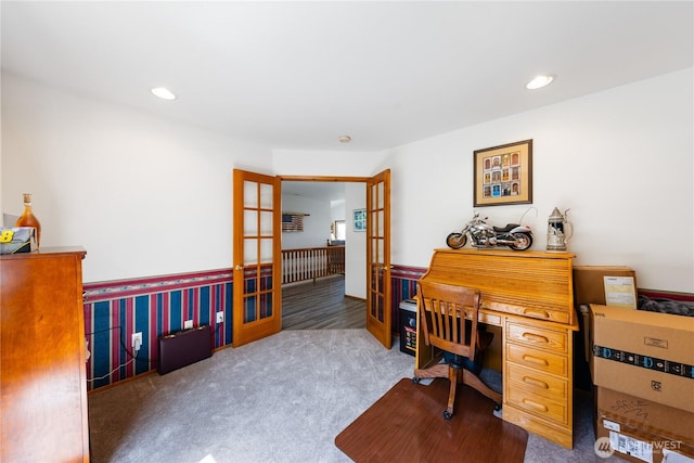 office space with french doors, carpet floors, and recessed lighting