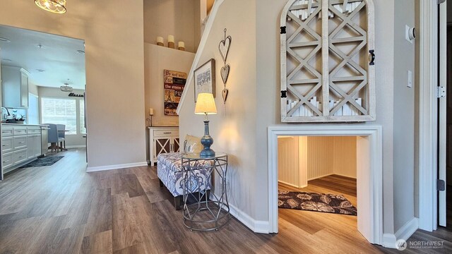 foyer entrance with wood finished floors, baseboards, and a towering ceiling