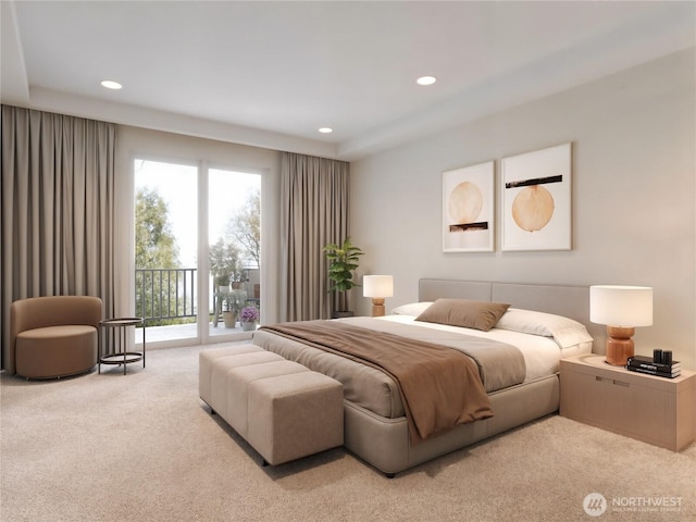carpeted bedroom featuring access to outside and recessed lighting