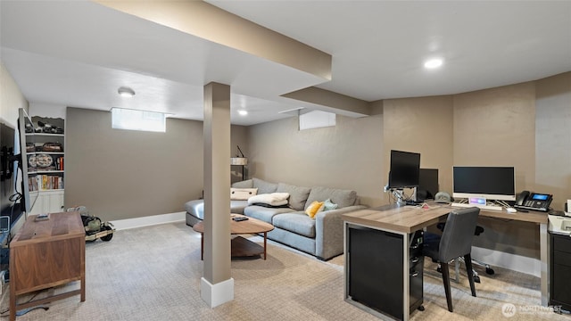 home office with light colored carpet