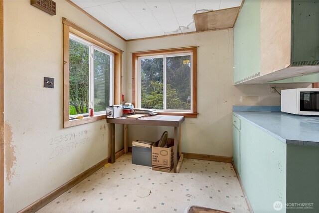 washroom with baseboards, light flooring, and crown molding