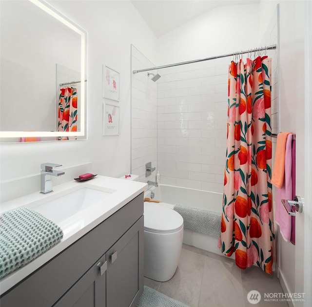 10419 41st Ave SW Unit B, Seattle, WA 98146 - bathroom featuring shower / bathtub combination with curtain, vanity, tile patterned floors, and toilet