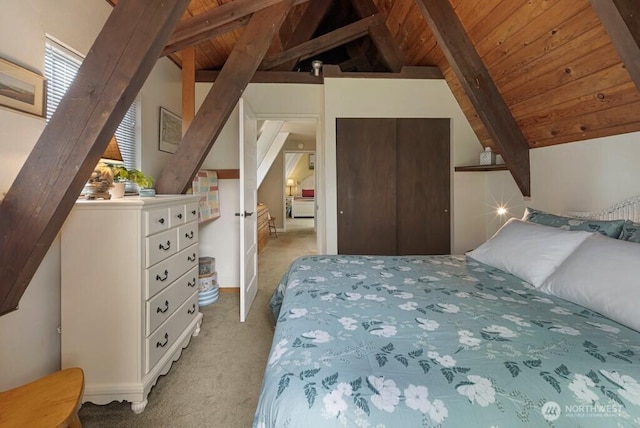 1632 Cattle Point Rd, Friday Harbor, WA 98250 - bedroom with light carpet, wood ceiling, and a closet