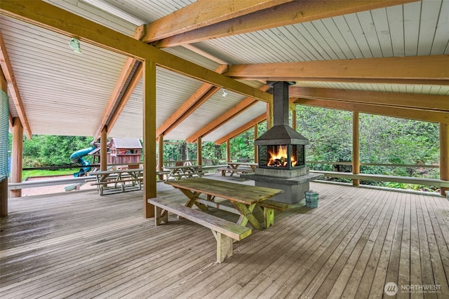 436 E Pointes Dr E, Shelton, WA 98584 - wooden terrace featuring a lit fireplace