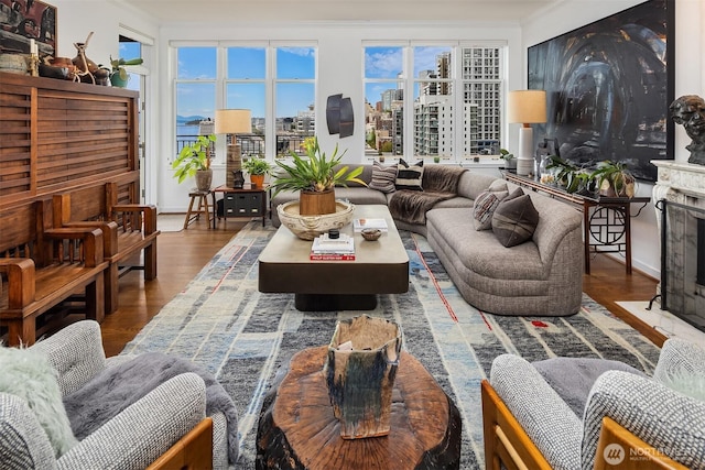 1009 Western Ave Unit 1203, Seattle, WA 98104 - living area featuring ornamental molding, a premium fireplace, wood finished floors, and a city view