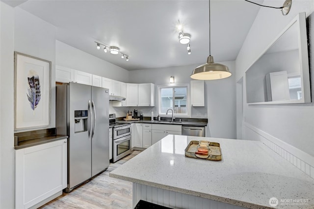 612 Hunt Ave, Sumner, WA 98390 - kitchen featuring stainless steel appliances, under cabinet range hood, a sink, light wood-style flooring, and white cabinetry