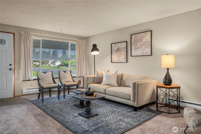 7052 S I St, Tacoma, WA 98408 - carpeted living room featuring a textured ceiling, baseboard heating, and baseboards