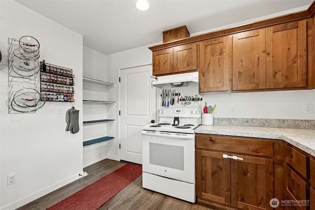 kitchen featuring electric range, under cabinet range hood, dark wood finished floors, and brown cabinetry