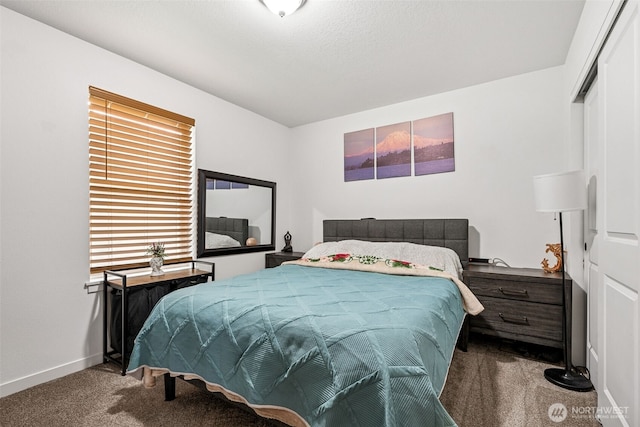 carpeted bedroom with baseboards and a closet