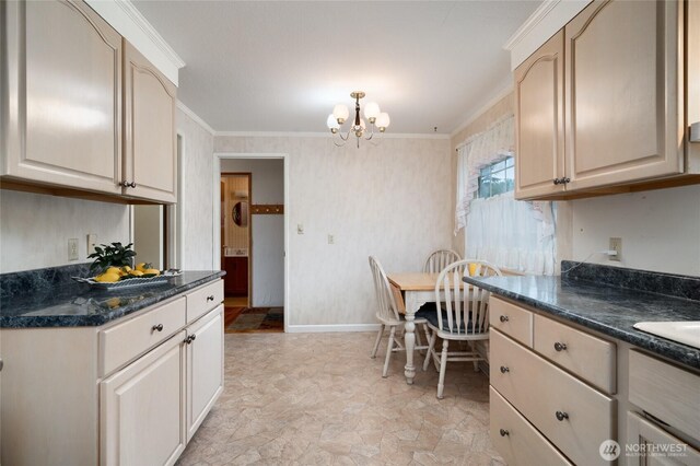 2129 H Ave, Anacortes, WA 98221 - kitchen featuring a chandelier, ornamental molding, baseboards, and stone finish floors