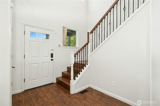 18910 SE 41st Dr, Vancouver, WA 98683 - entrance foyer with dark wood finished floors, baseboards, stairway, and a high ceiling