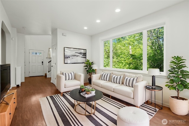 18910 SE 41st Dr, Vancouver, WA 98683 - living area featuring wood finished floors, recessed lighting, and stairway