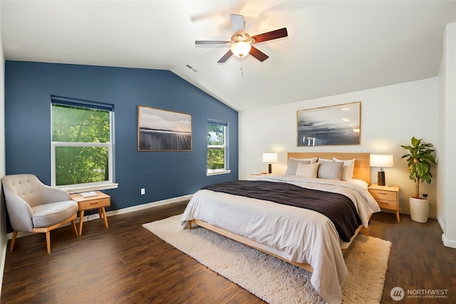 18910 SE 41st Dr, Vancouver, WA 98683 - bedroom featuring vaulted ceiling, wood finished floors, baseboards, and a ceiling fan