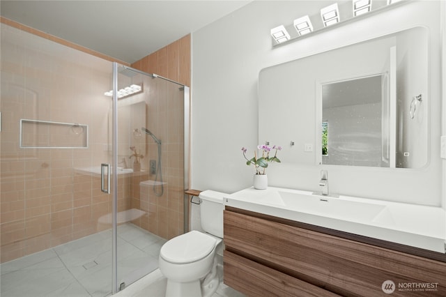 18910 SE 41st Dr, Vancouver, WA 98683 - bathroom featuring toilet, vanity, and a stall shower
