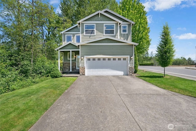 18910 SE 41st Dr, Vancouver, WA 98683 - view of front of house with stone siding, a front lawn, concrete driveway, and a garage