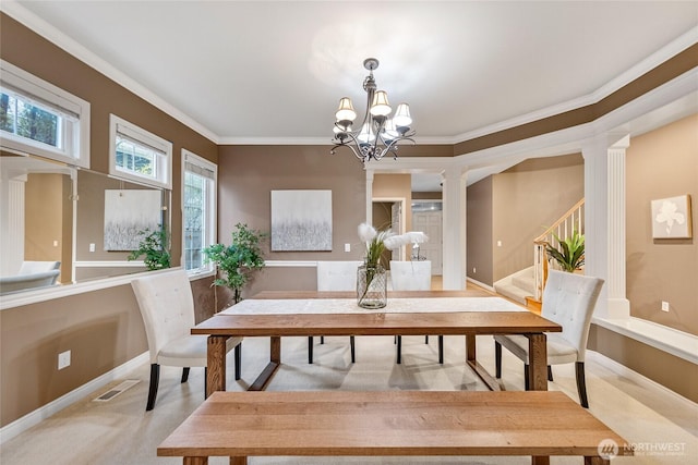 908 274th Way SE, Sammamish, WA 98075 - dining space featuring decorative columns, a chandelier, crown molding, baseboards, and stairs