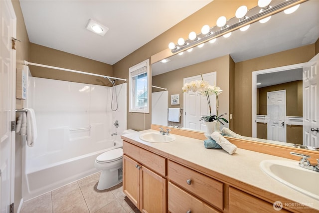 908 274th Way SE, Sammamish, WA 98075 - full bathroom with toilet, tile patterned flooring, double vanity, and shower / bath combination