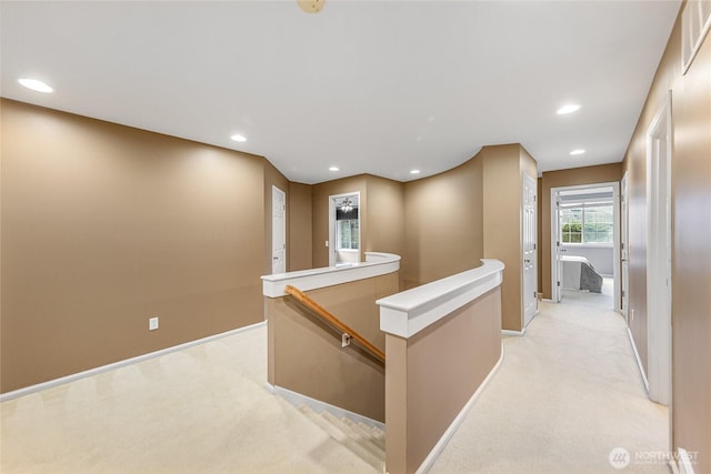 908 274th Way SE, Sammamish, WA 98075 - hallway featuring an upstairs landing, light colored carpet, baseboards, and recessed lighting