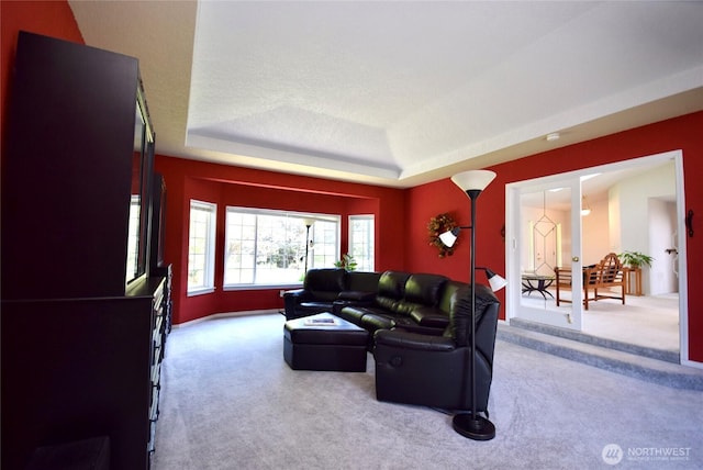 carpeted living room with a tray ceiling