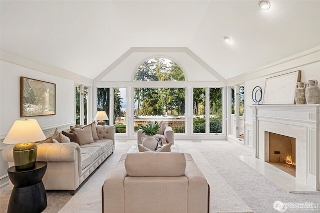 9416 NE 25th St, Clyde Hill, WA 98004 - living room with plenty of natural light, a premium fireplace, carpet, and high vaulted ceiling