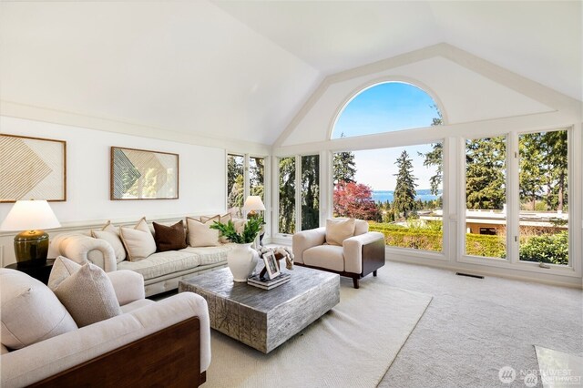 9416 NE 25th St, Clyde Hill, WA 98004 - living area featuring light carpet and vaulted ceiling
