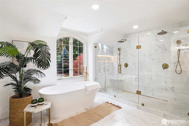 9416 NE 25th St, Clyde Hill, WA 98004 - full bath with a freestanding bath, a marble finish shower, marble finish flooring, and recessed lighting