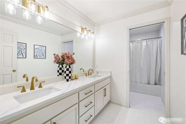 9416 NE 25th St, Clyde Hill, WA 98004 - full bath with double vanity, tile patterned flooring, ornamental molding, shower / bathtub combination with curtain, and baseboards