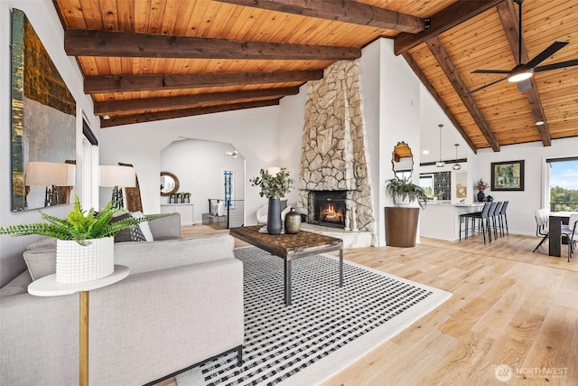 4950 N Lexington St, Tacoma, WA 98407 - living area featuring wood finished floors, wooden ceiling with exposed beams, a stone fireplace, ceiling fan, and high vaulted ceiling